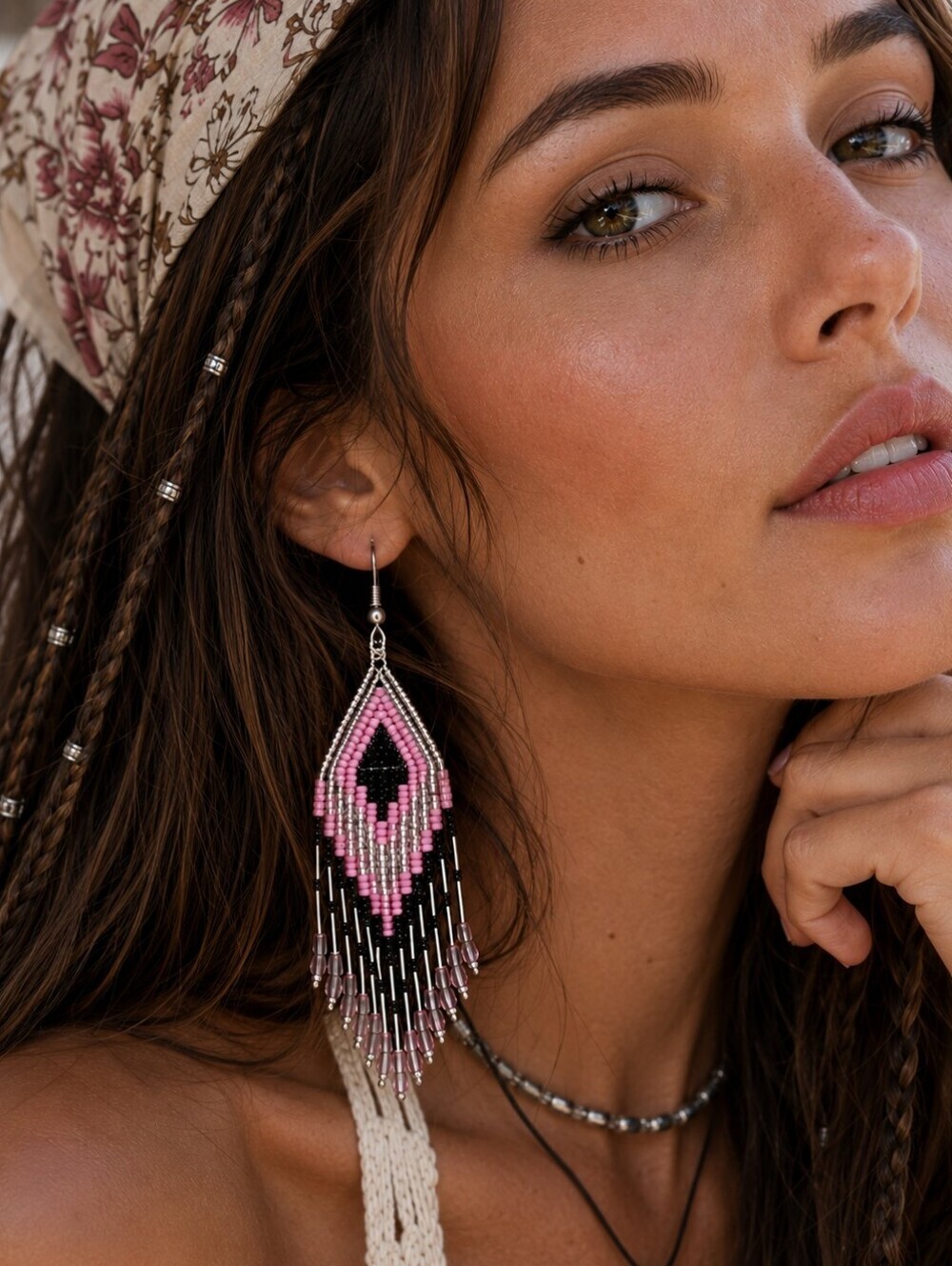 Boho Pink Black Seed Bead Fringe Drop Earrings Handmade Beaded Statement 3.5"